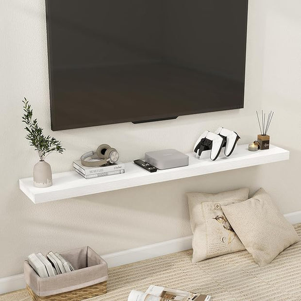Fun Memories 55 Inch Floating Shelves for Wall, Fireplace Mantel Shelf with Invisible Heavy Duty Bracket, 8 Inch Deep Storage Shelf for Living Room, Kitchen, Farmhouse, White