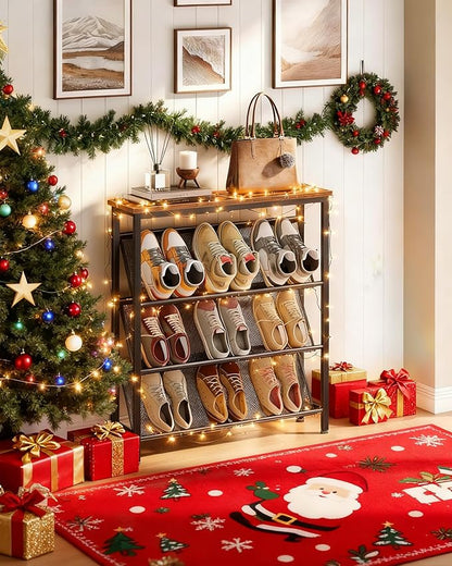 Shoe Rack, 4-Tier Slanted Shoe Storage Shelf, Narrow Shoe Rack for Entryway, Shoe Organizer with Adjustable Feet, Slim Shoe Shelf with Wooden Top and Metal Frame Rustic Brown and Black TXJ75BF