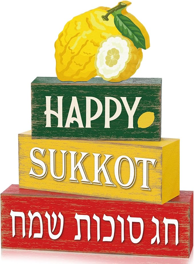 Marsui 4 Pcs Happy Sukkot Table Decor Rustic Sukkah Decorations Etrog Wooden Signs Centerpiece Farmhouse Sukkot Tiered Tray Decor for Home Office Desk Jewish Festival Decorations