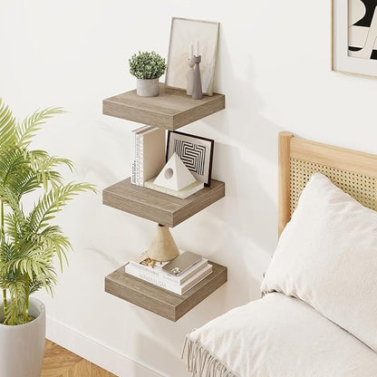 Marsmiles Square Floating Shelves for Wall, 10" W x 10" D x 1.25" H, 3 Packs Small Wall Mounted Engineered Wood Shelves with Invisible Brackets for Living Room, Bedroom, Bathroom, Kitchen Decor, Grey