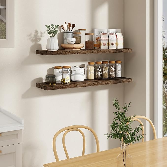 Fun Memories 48 Inch Floating Shelves, 9.3 Inch Deep Wall Shelves for Bathroom, Living Room, Bedroom, Kitchen, Deep Long Shelf Wall Mounted 2 Pack Shelf for Books, Decor, Rustic Brown