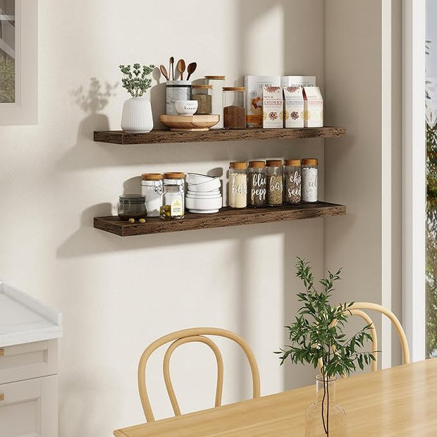 Fun Memories 48 Inch Floating Shelves, 9.3 Inch Deep Wall Shelves for Bathroom, Living Room, Bedroom, Kitchen, Deep Long Shelf Wall Mounted 2 Pack Shelf for Books, Decor, Rustic Brown