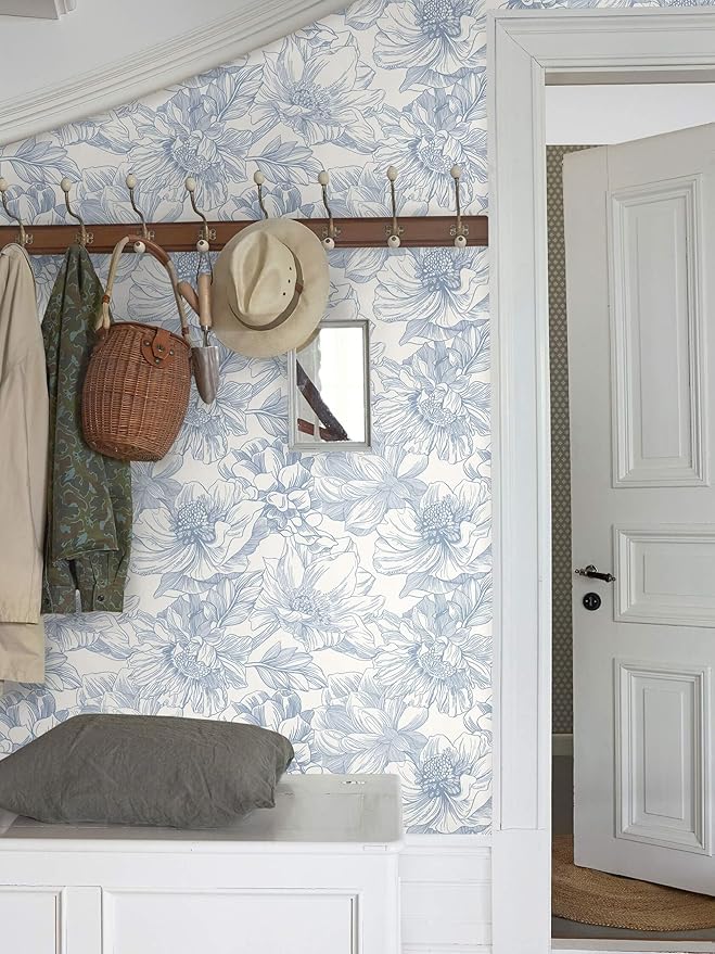 Ismoon Vintage Floral Wallpaper Peel and Stick Beige and Blue Contact Paper 17.3inx6.5ft Removable Self Adhesive Wall Paper for Bathroom Bedroom Cabinet Mural Wall Decor Vinyl Renter Friendly