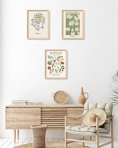 Framed Matisse Canvas Wall Art for Bedroom,Abstract Matisse Canvas Wall Decor,Minimalist Classic Decor Aesthetic,16x12IN Wood High Framed Design Posters for Living Room,Bathroom Set of 3