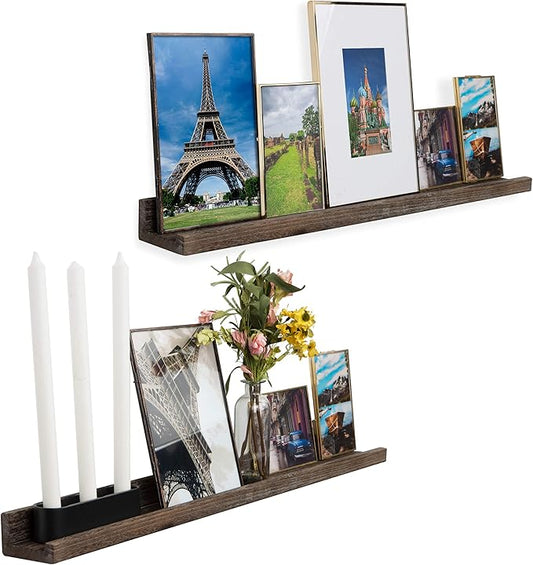 Rustic State Ted 36" Wall Mount Narrow Wood Picture Ledge Shelf Photo Frame Display - Floating Shelves for Living Room Office Kitchen Bedroom Bathroom Décor - Torched Brown - Set of 2