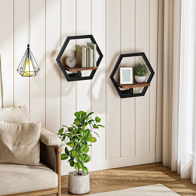 Floating Shelves for Wall, Wall Planters for Indoor Plants Set of 2, Plant Wall Shelf, for Living Room, Bedroom, Kitchen, Home Office, Rustic Brown and Black TBJ40P2BF