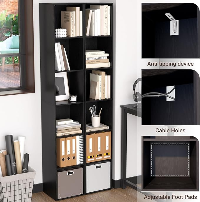 6 Cube Storage Organizer, 6 Tier Cube Low Bookcase Freestanding Storage Display Organizer, Six-Cubes Open Shelf Bookshelf for Home Office (Black, 6-Cube)