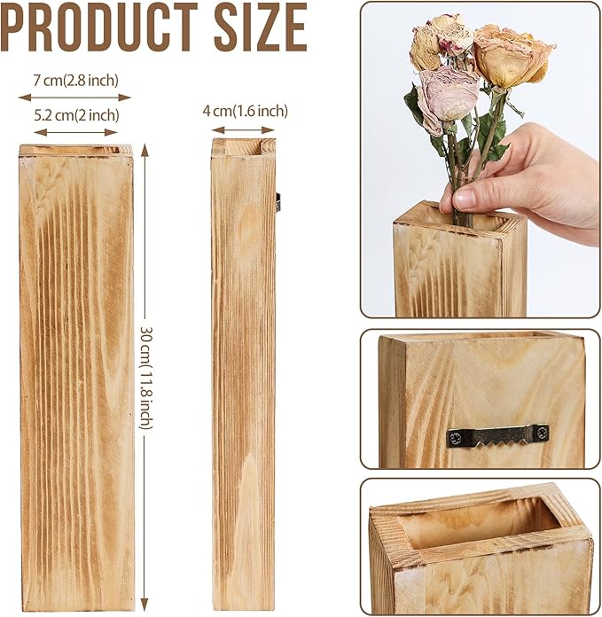 Wooden Wall Planter Set of 4 - Modern Home Decor for Living Room, Bedroom, Bathroom - Brown Finish Planter for Dried Flowers, Faux Greenery, Indoor Plants