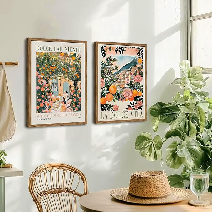 Italy Travel Wall Art Set of 3, Amalfi Coast Wall Decor, Trendy Italian Food Kitchen Poster Canvas Prints, Vintage City Landscape Artwork for Dining Room Living Room 16x24 inch Wood Framed