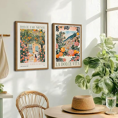 Italy Travel Wall Art Set of 3, Amalfi Coast Wall Decor, Trendy Italian Food Kitchen Poster Canvas Prints, Vintage City Landscape Artwork for Dining Room Living Room 16x24 inch Wood Framed