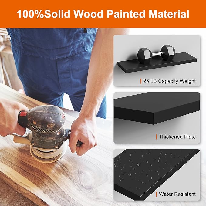 Floating Shelves for Wall, Black Wood Set of 2, 24