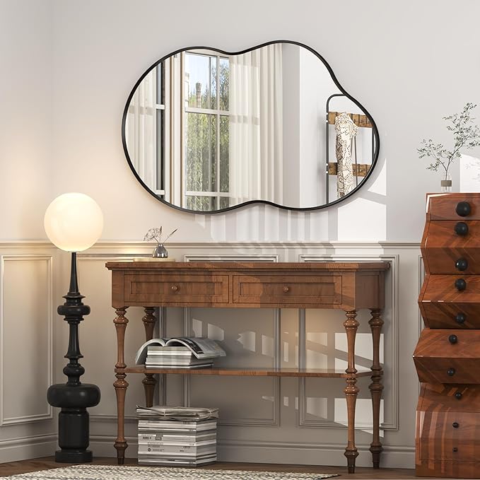 48x27 Black Irregular Wall Mirror, Black Matte Asymmetrical Bathroom Mirror, Decorative Aluminum Frame for Bathroom Bedroom Entryway, Shatterproof, Anti-Rust (Horizontally/Vertically)