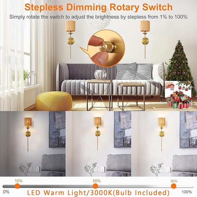 Rattan Plug in Wall Sconces Set of 2, Gold Bedside Dimmable Wall Lamp with Knob Dimmer Switch and 6.5FT Electric Cord, Boho Bathroom Wall Light Fixture for Bedroom Living Room