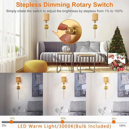 Rattan Plug in Wall Sconces Set of 2, Gold Bedside Dimmable Wall Lamp with Knob Dimmer Switch and 6.5FT Electric Cord, Boho Bathroom Wall Light Fixture for Bedroom Living Room