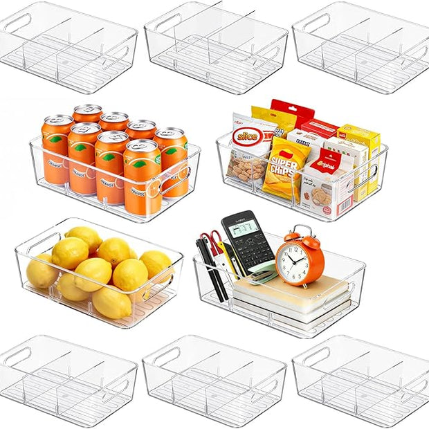 10 Pack Pantry Organizers and Storage,Clear Plastic Containers with 2 Dividers for Kitchen,Fridge Organization and Storage,Acrylic Bins for Pounches,Spice Packet,Snack organzier