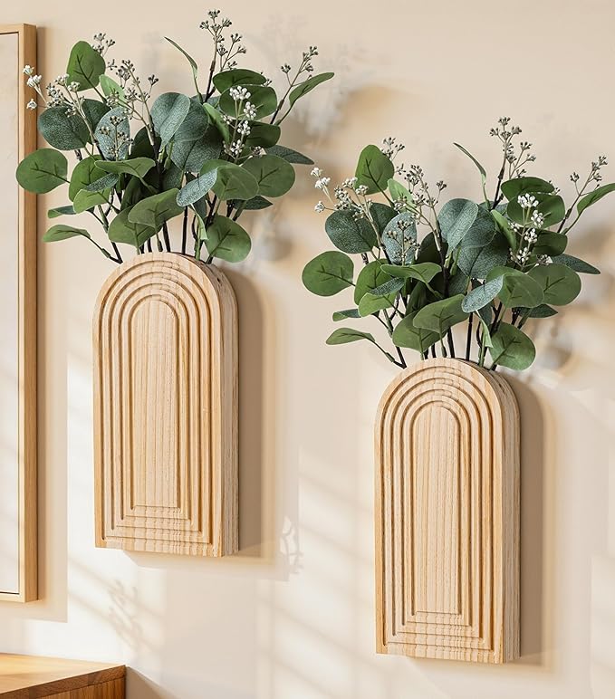 DREAMLOOM 2 Pack Wooden Wall Vases with Fake Plants, Wall Hanging Planters Boho Modern Farmhouse Indoor for Narrow Spaces Entryway Bathroom Home Office Decoration, Retro