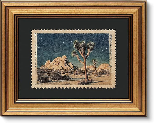 VIYYIEA Gold Framed Art Prints,8x10Inch, Desert Joshua Tree Vintage Art Painting, Southwest Travel Stamp Decor for Living Room Shelf, National Park Canvas Picture