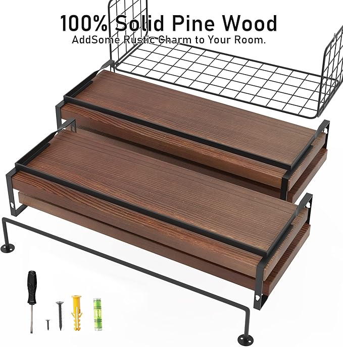 Wood Floating Shelves Wall Mounted - 4+1 Tier Rustic Bathroom Wall Shelves Over Toilet with Wire Storage Basket and Towel Bar, Set of 4 Farmhouse Floating Shelf for Bathroom, Kitchen, Bedroom.