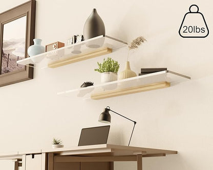 Acrylic Floating Shelves with Solid Wood Base, Wall Mounted Shelf for Plants, Perfume, Nail Polish, Bathroom, Bedroom & Living Room Décor
