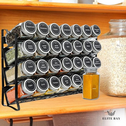 Spice Jar Rack with KEEP – 4-Tier Organizer with 28 Empty Bottles, 180 Waterproof Labels (55 Blanks), Funnel &Screws | Space-Saving Spice Storage Set for Kitchen Counter or Cabinet