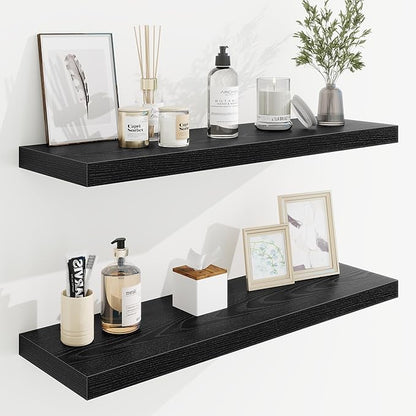 32in Floating Shelves for Wall, 32"W x 9.25"D x 1.25"H, 2 Pack Long Wall Mounted Engineered Wood Shelves with Invisible Brackets for Living Room, Bedroom, Bathroom, Kitchen Decor and Storage, Black