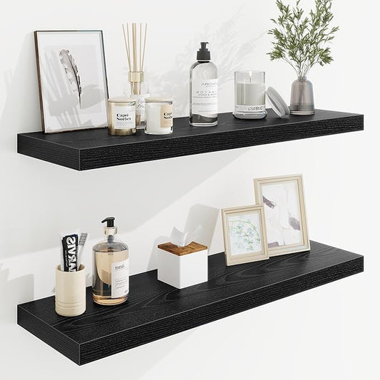 32in Floating Shelves for Wall, 32"W x 9.25"D x 1.25"H, 2 Pack Long Wall Mounted Engineered Wood Shelves with Invisible Brackets for Living Room, Bedroom, Bathroom, Kitchen Decor and Storage, Black