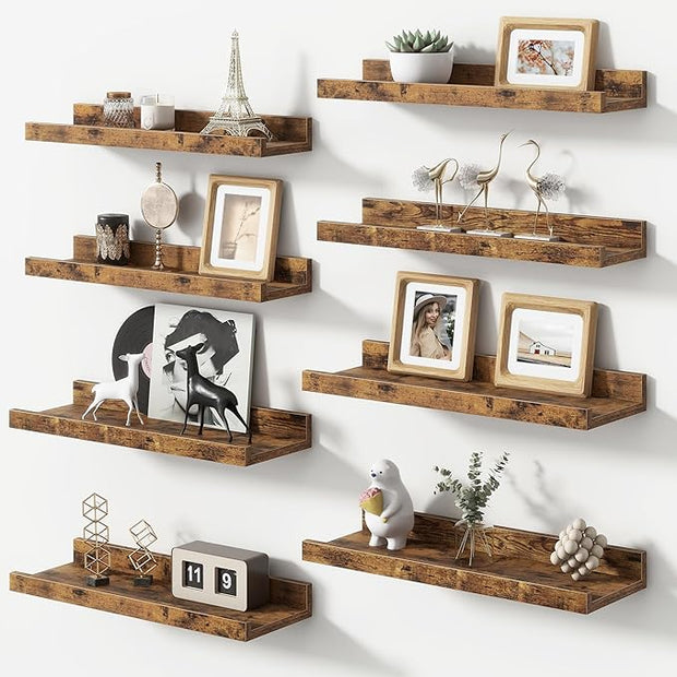 Picture Ledge Shelf, Small Floating Shelves Set of 8, 16 Inches Nursery Book Shelves for Toys Storage, Kids Bookshelf Wall Mounted for Living Room Bedroom Decor Books Photo Frames, Rustic Brown
