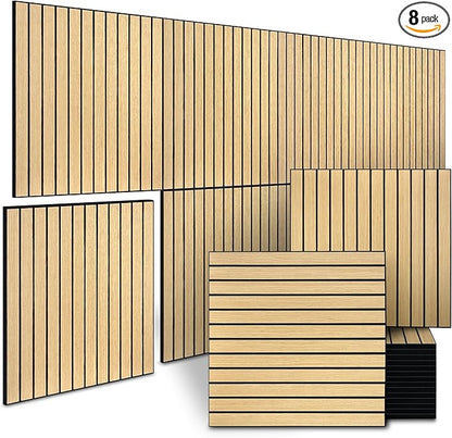 8-Pack Peel and Stick Acoustic Wall Panels, 11.8" x 11.8" PET Soundproof & Noise Cancelling Acoustic Felt, Self-Adhesive 3D Sound Absorbing Slat Wall Paneling for Interior Wall Decor, Natural Oak