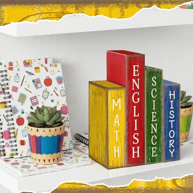 4 Pcs Back to School Table Decoration Wooden Subject Decoration Welcome Back to School Tiered Tray Decor Wood Book Sign Farmhouse for Class Party Home Shelf Coffee Table