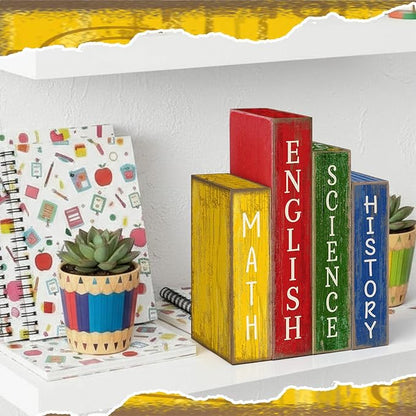 4 Pcs Back to School Table Decoration Wooden Subject Decoration Welcome Back to School Tiered Tray Decor Wood Book Sign Farmhouse for Class Party Home Shelf Coffee Table