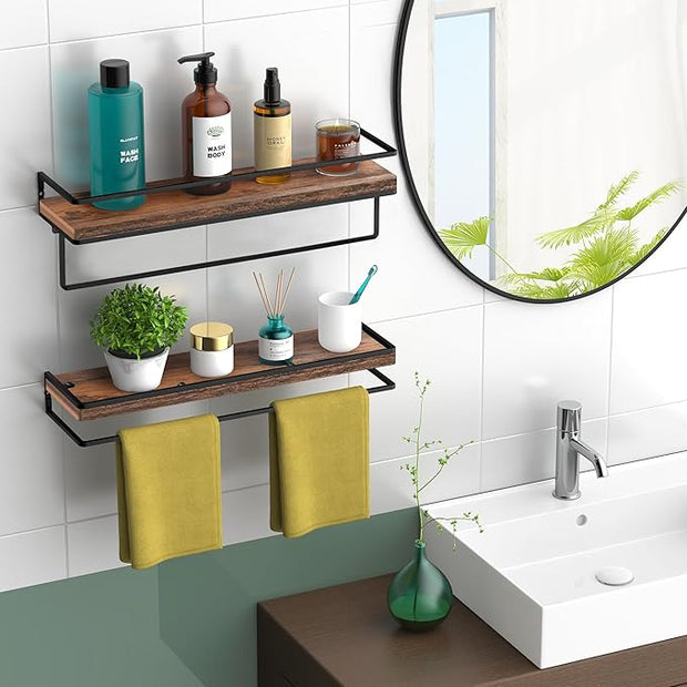Meangood Floating Shelves Wall Mounted Set of 2, Towel Bar Rustic Wood Wall Storage Shelves for Bedroom,Living Room,Bathroom, Kitchen Rustic Brown