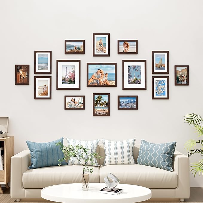 Vittanly 15 Pack Picture Frames Collage Wall Decor for Mounting or Tabletop Display, Gallery Frame Set for Family, Multi Sizes Including 3pcs 8x10, 6pcs 5x7, 6pcs 4x6, Light Brown