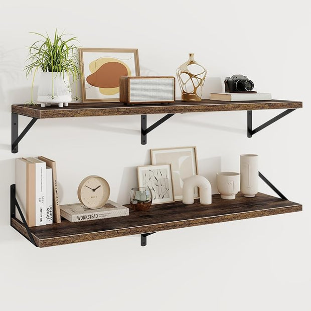 Floating Shelves, 12 Inch Deep Rustic Wood Wall Storage, 48W x 12D Wall Shelves Set of 2, Heavy Duty Metal Brackets, Large Industrial Book Shelf for Living Room, Kitchen, Bedroom, Brown