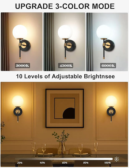 Battery Operated Wall Sconces Set of 2, Glass Globe Wireless Lights with Remote & Touch Control, Rechargeable Black & Gold Sconce, 3 Color Dimmable Ambient Lighting for Bedroom Living Room