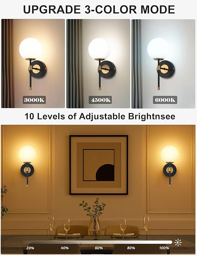 Battery Operated Wall Sconces Set of 2, Glass Globe Wireless Lights with Remote & Touch Control, Rechargeable Black & Gold Sconce, 3 Color Dimmable Ambient Lighting for Bedroom Living Room