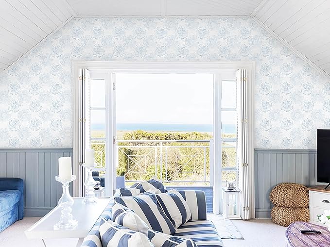 Boho Wallpaper Blue Wall Paper Peel and Stick Modern Blue and White Geometric Fireworks Contact Paper Renter Friendly Self-Adhesive Removable Bathroom Bedroom Laundry Room 17.3
