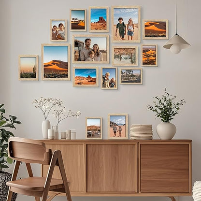 BESCRCL 15 Pack Real Glass Picture Frames Collage Wall Decor, Including 3pcs 8x10, 6pcs 5x7, 6pcs 4x6 Photo Frames for Gallery Wall or Tabletop Display, Natural Woodgrain