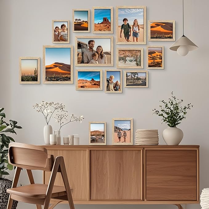 BESCRCL 15 Pack Real Glass Picture Frames Collage Wall Decor, Including 3pcs 8x10, 6pcs 5x7, 6pcs 4x6 Photo Frames for Gallery Wall or Tabletop Display, Natural Woodgrain