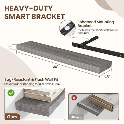 30 Inch Floating Shelves for Wall 2 Pack, 30" Wall Shelves for Books, Storage, Decor, Wall Mounted Floating Shelf with Invisible Brackets for Kitchen, Living Room, Gray