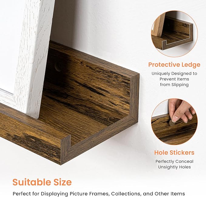 RICHFOCUS Picture Ledge Shelf, 40 inch Floating Shelves Set of 2, Wood Wall Shelves with Lip, Wall Decor Storage for Bedroom Living Room Bathroom Kitchen Nursery Photo Picture, Rustic Brown