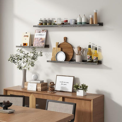 Picture Ledge Wall Shelves 56 Inches Width Set of 3, Solid Pine Wood Rustic Floating Ledge for Kids' Room Bedroom Kitchen Bathroom, Long Floating Shelves for Wall Decor, Grey