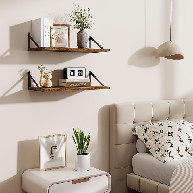 Deep Floating Shelves,24" Wx10 D Floating Shelf for Wall Set of 2,Hanging Storage Shelf with Metal Brackets,Wide Display Wall Shelves for Living Room,Bedroom,Bathroom,Kitchen,Rustic Brown