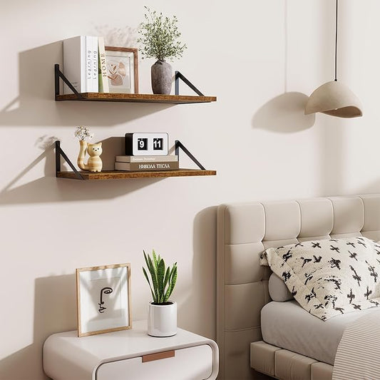 Deep Floating Shelves,24" Wx10 D Floating Shelf for Wall Set of 2,Hanging Storage Shelf with Metal Brackets,Wide Display Wall Shelves for Living Room,Bedroom,Bathroom,Kitchen,Rustic Brown