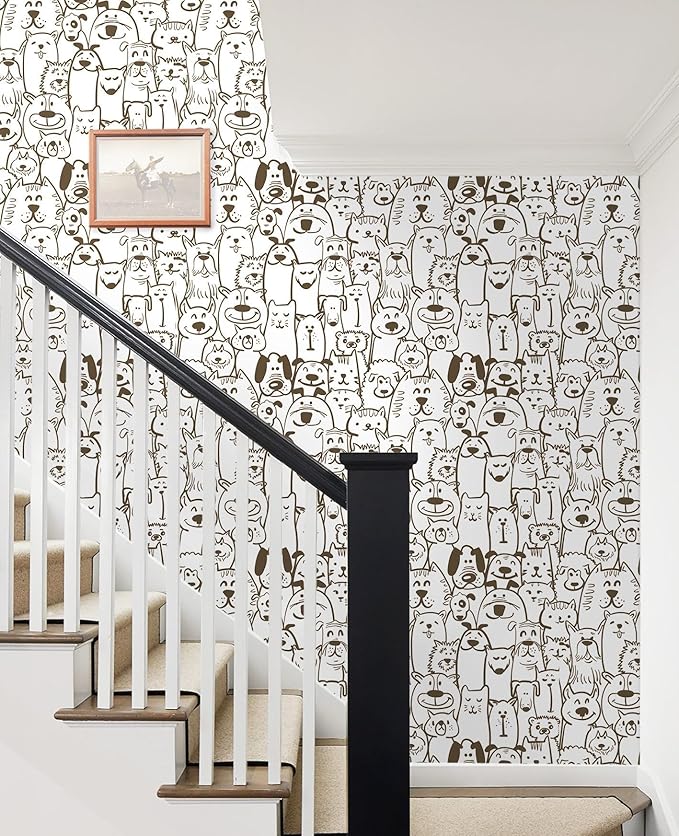 Peel and Stick Wallpaper Modern Brown and White Wallpaper Dog Animal Contact Paper Textured Self Adhesive Removable Wall Paper for Nursery Kids Room Shelf Liner Vinyl Roll 78.7