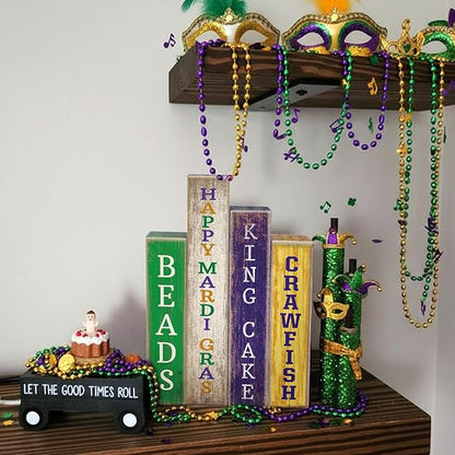 4 Pcs Mardi Gras Table Decor Rustic Wooden Book Sign Carnival Tiered Tray Decor Farmhouse Tabletop Sign Centerpieces for Mardi Gras Carnival Home Shelf Decoration