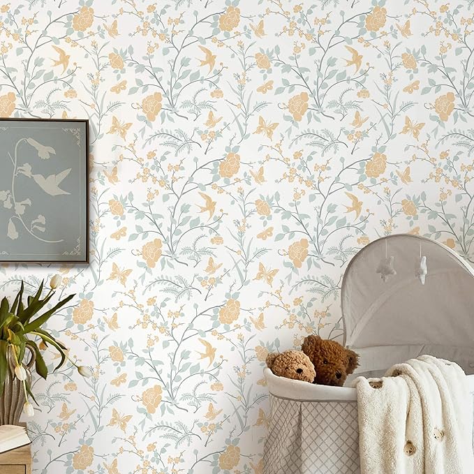 Yellow Wallpaper Floral Peel and Stick Wallpaper Boho Light Blue and Yellow Wall Paper Bird Botanical Contact Paper for Cabinets Renter Friendly Self-Adhesive Bathroom Bedroom 78.7"×17.3"