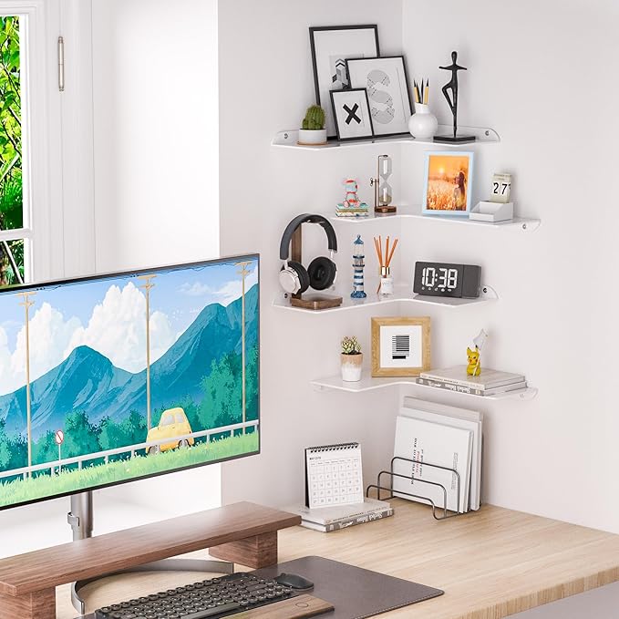 11.4x16 Inch Acrylic Corner Floating Shelf Set of 4, White Corner Wall Shelf for Home Décor, Speakers, Security Cameras, Toileries, Plants, Figures, Cosmetics, Books