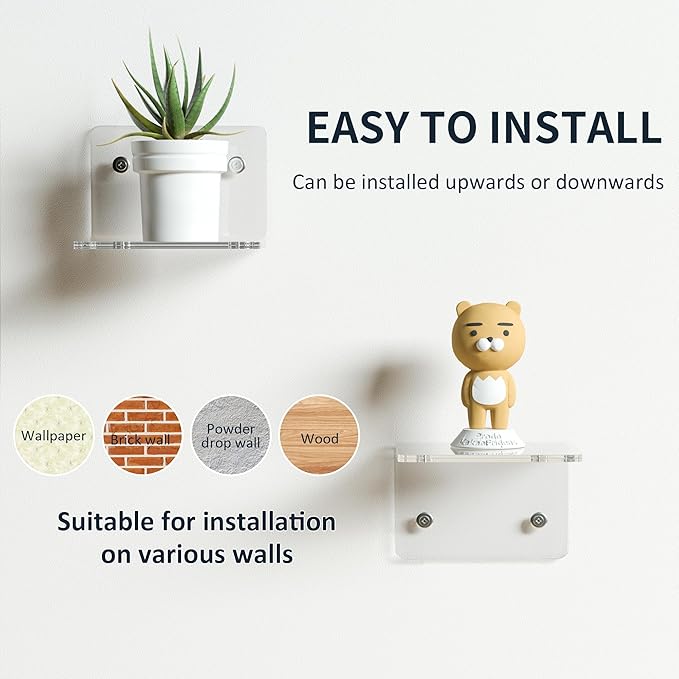 4 Inches Clear Small Wall Shelves, 4mm Thickness Acrylic Small Floating Shelf for Figures, Plants, Security Cameras, Speakers, Moisture-Proof, 2 Pack