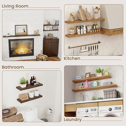 Floating Shelves for Wall Decor, 8 Inch Deep Rustic Solid Elm Wood Floating Shelves Wall Mounted, Wall Shelves with Invisible Bracket for Living Room Bathroom Bedroom Kitchen, 24 Inch Set of 2, Walnut