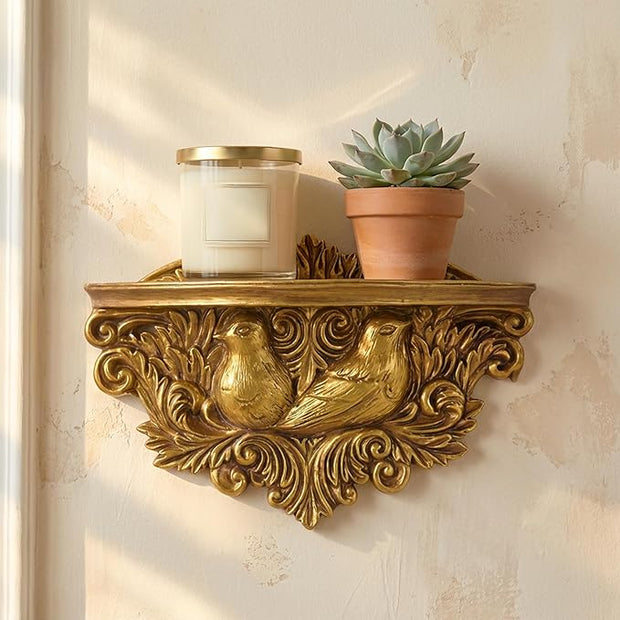 American Art Decor Vintage Ornate Resin Birds Scroll Manor Floating Wall Mounted Shelf in Antique Gold - Rococo Baroque Shabby Chic Ledge Display Shelf for Small Decor, Keys, Plants & Keepsakes